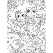 Two owls perched on a branch with village scenery coloring page