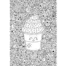 Kawaii cupcake surrounded by tiny sweets coloring page