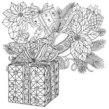 Christmas gift box with ornaments and poinsettias coloring page