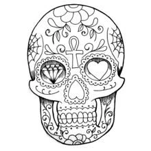 Sugar skull with diamond and heart eyes coloring page