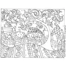 Folk art tree over a village of houses coloring page