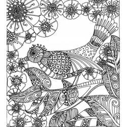 Bird among stylized flowers coloring page
