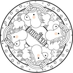Unicorn mandala with four heads and stars coloring page