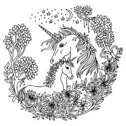 Unicorn mother and foal in a floral mandala coloring page