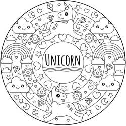 Unicorn mandala with clouds and rainbows coloring page
