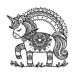 Unicorn with mandala patterns on its body coloring page