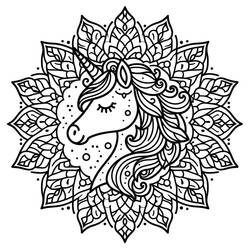 Unicorn head in a floral mandala coloring page