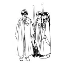Harry Potter with Ron and Hermione holding a broom coloring page