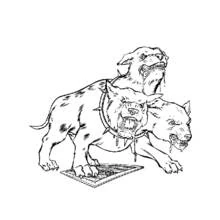 Fluffy the three-headed dog guarding a trapdoor coloring page