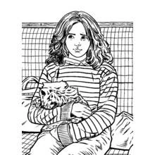 Hermione Granger holding her cat Crookshanks coloring page