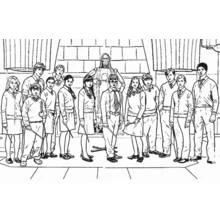 Harry Potter students lined up with wands coloring page