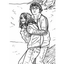 Harry Potter protecting Hermione by the lake coloring page