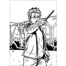 Harry Potter pointing his wand outdoors coloring page
