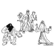 Harry Potter and friends facing Hagrid and Dumbledore coloring page
