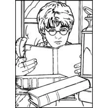 Harry Potter reading a book with a quill coloring page
