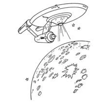 Starship Enterprise scanning a cratered moon coloring page