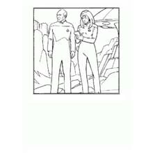 Star Trek officers exploring a rocky landscape coloring page
