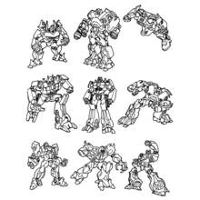 Transformers robots in nine fighting poses coloring page