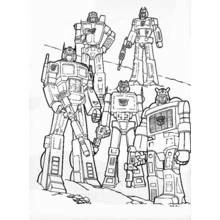 Five Transformers standing together coloring page