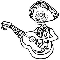 Mariachi skeleton strumming guitar in sombrero coloring page
