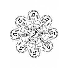 Mandala of guitars and musical notes coloring page