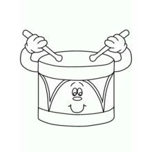 Cartoon drum with a smiling face and drumsticks coloring page