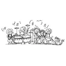 Children's band playing music together coloring page