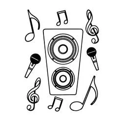 Speaker surrounded by musical notes and microphones coloring page