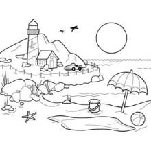 Lighthouse and beach scene coloring page