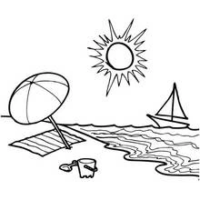 Beach scene with umbrella and sailboat coloring page