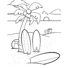 Palm tree and surfboards on the beach coloring page
