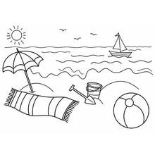 Beach scene with umbrella and sailboat coloring page