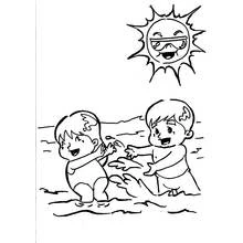 Two kids splashing water at the beach coloring page