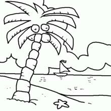 Palm tree on the beach with a sailboat coloring page