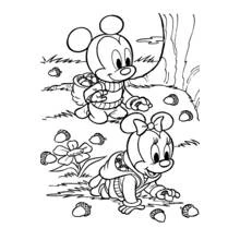 Baby Mickey and Minnie collecting acorns coloring page