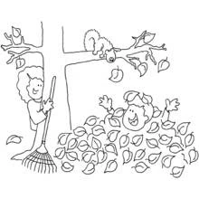 Children raking autumn leaves coloring page