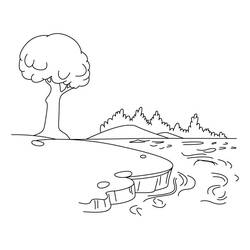 Lake shore with a large tree coloring page