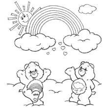 Care Bears under a rainbow with sun and clouds coloring page