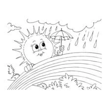 Sun holding umbrella above a rainbow coloring page
