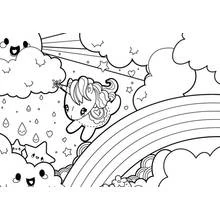 Rainbow with a kawaii unicorn and clouds coloring page