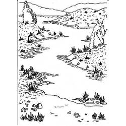 River winding through a hilly valley coloring page