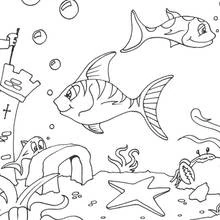 Fish swimming near a sunken castle on the seabed coloring page