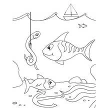 Fishing hook with worm under the sea coloring page