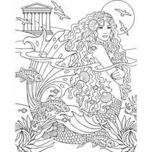 Mermaid with flowing hair near an ancient temple coloring page