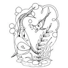 Two swordfish swimming among seaweed and bubbles coloring page
