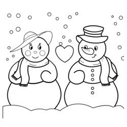 Snowman couple sharing a heart in the snow coloring page