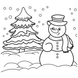 Snowman standing beside a pine tree coloring page