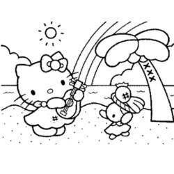 Hello Kitty playing guitar on the beach coloring page