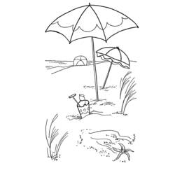 Beach umbrellas with bucket and starfish coloring page