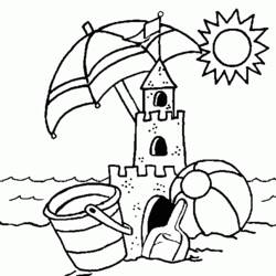 Sandcastle with beach umbrella and ball coloring page